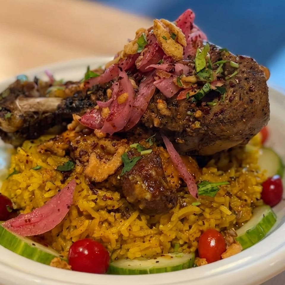 Spiced yellow rice topped with grilled meat, pickled onions, herbs, crispy toppings, cucumber slices, and cherry tomatoes.
