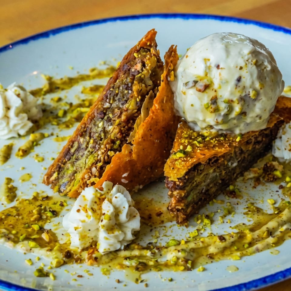 Pistachio baklava slices topped with ice cream and whipped cream, drizzled with sauce on a blue-rimmed plate.