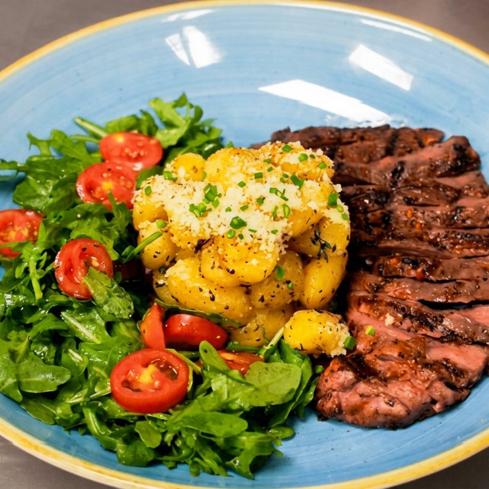Blue plate featuring sliced grilled steak, roasted potatoes topped with herbs, and a fresh arugula and tomato salad.